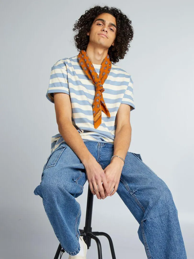 T-shirt a righe in cotone - BEIGE