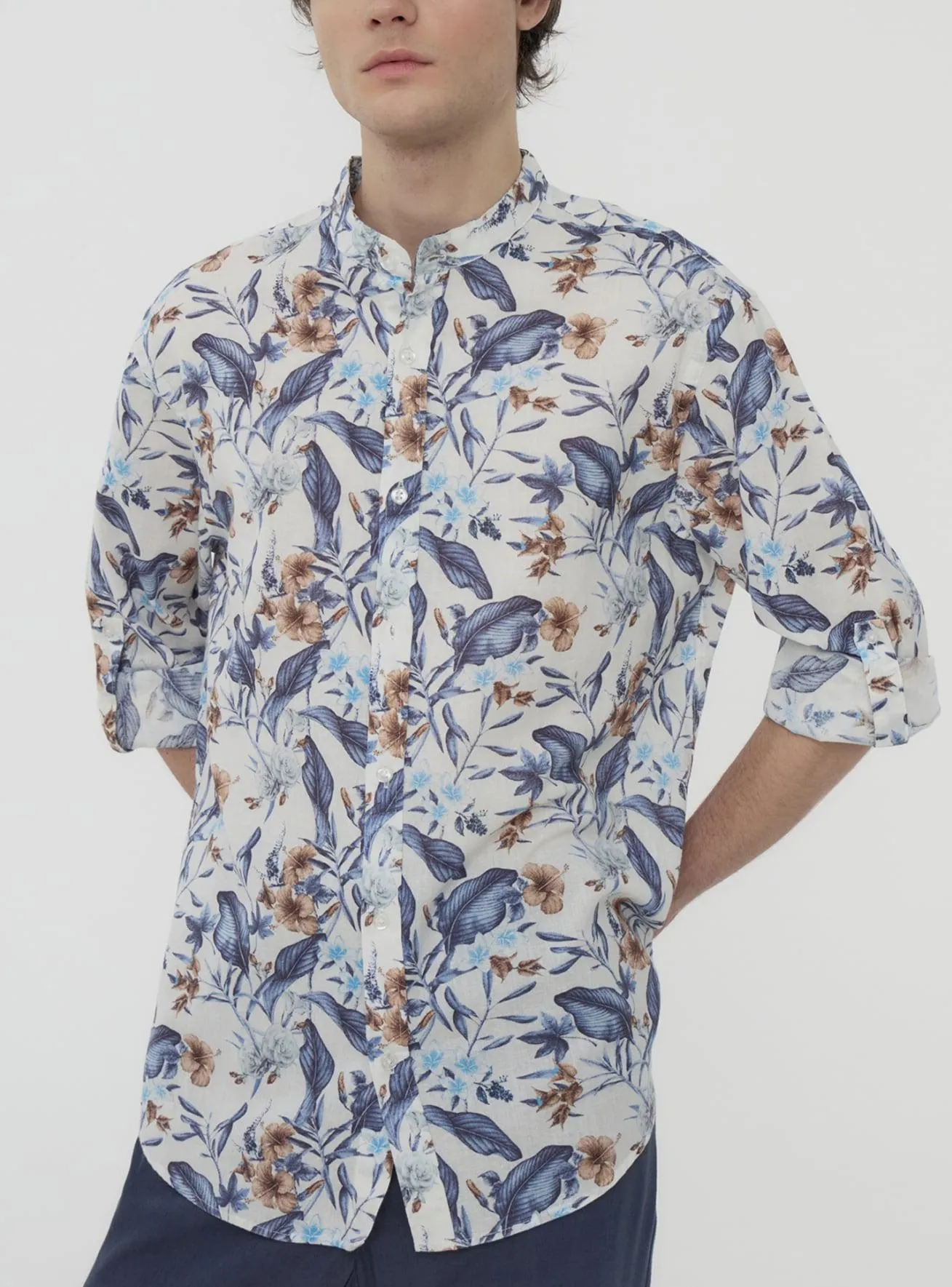 Camicia coreana a fiori in misto lino Var bianco lana