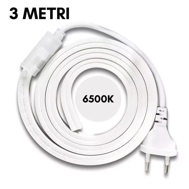 Striscia LED SMD 2835 120D Impermeabile IP65 220V per Profili da 10mm Flessibile Resistente potente per Interni ed Esterni BIANCO FREDDO 6500K 3MT