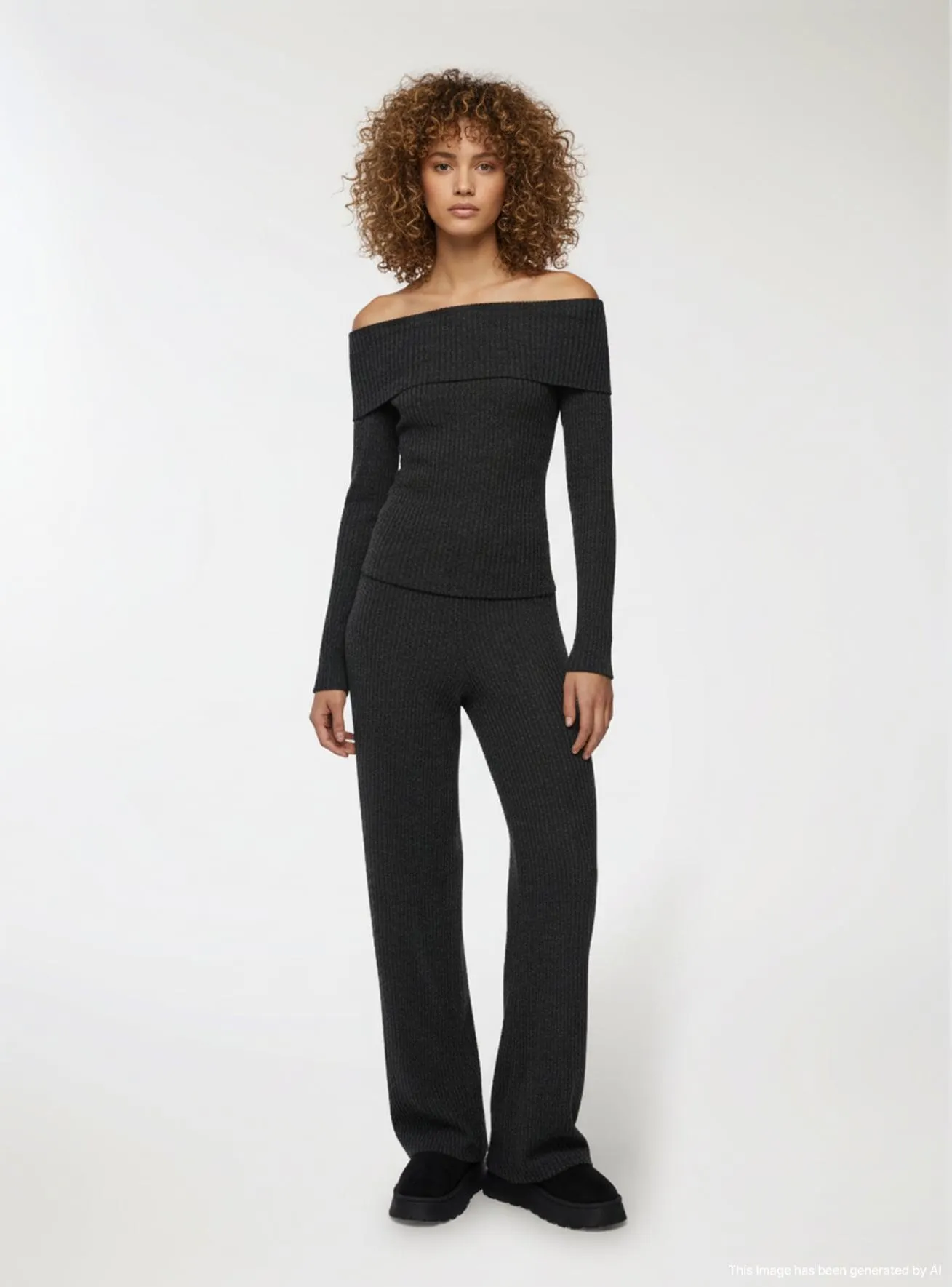 Pantaloni wide leg a coste tessuto caldo Nero