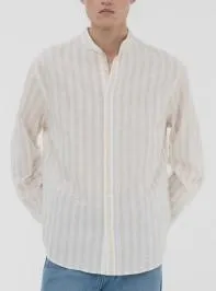 Camicia coreana a righe in misto lino Var crema