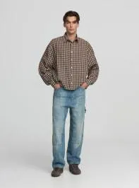 Camicia a quadri boxy scritta retro Var coccio