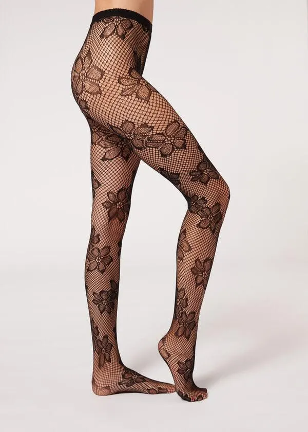 Collant a Rete con Motivo a Macro Fiori