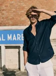 Camicia misto lino tinta unita Blu navy