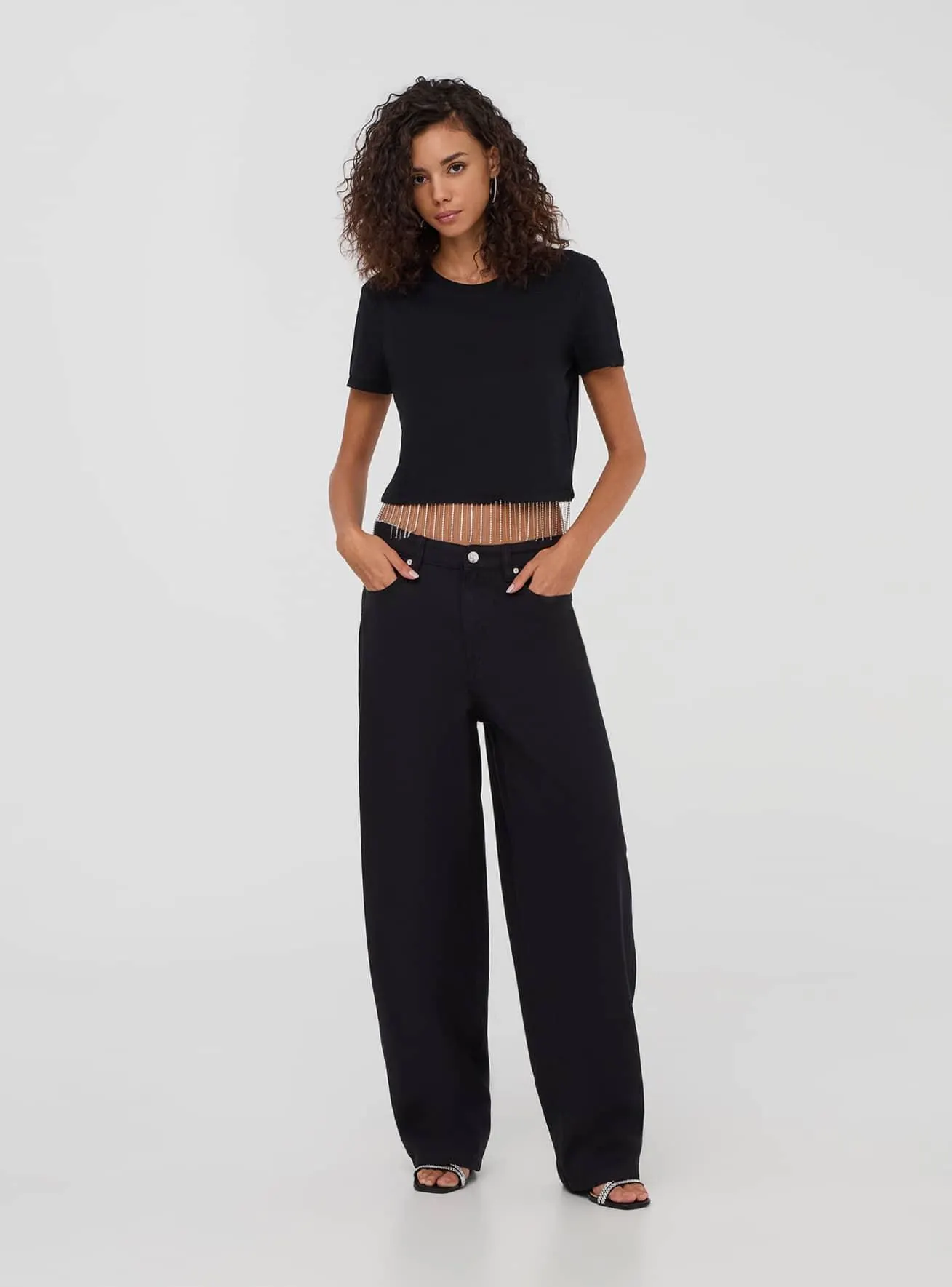 T-shirt crop con frange Nero