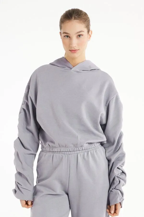 Felpa Corta con Cappuccio e Arricci sulle Maniche