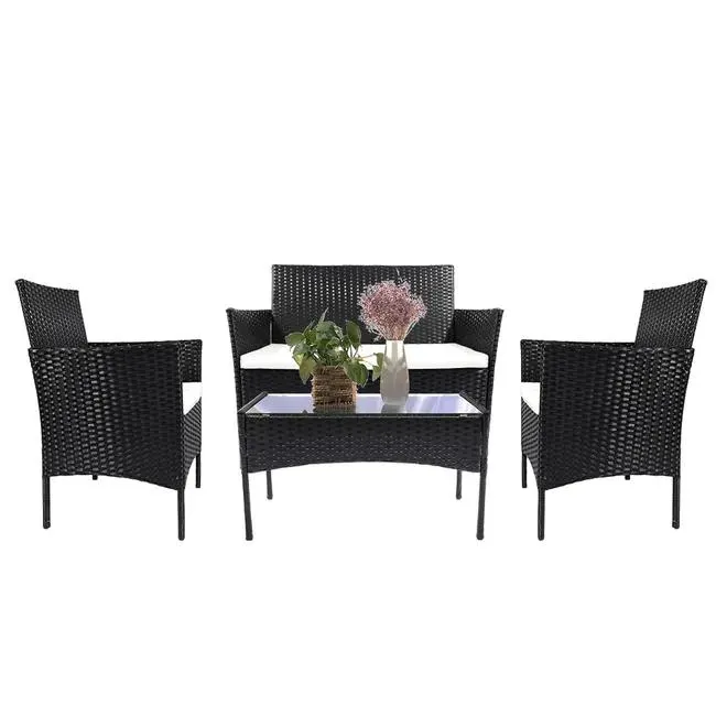 RATTANTREE Set di mobili da giardino in polyrattan, nero, 7 pezzi, con cuscino e tavolo, per esterni, giardino, terrazza