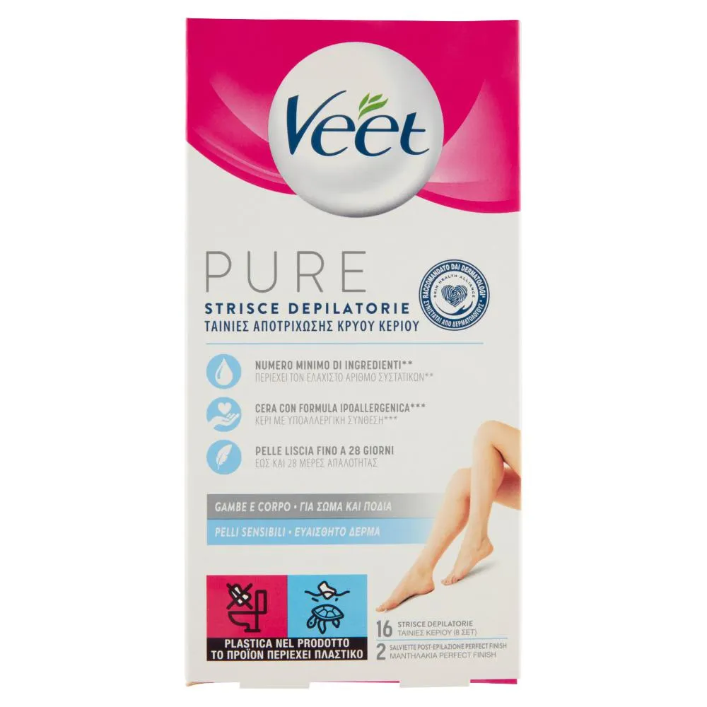 Veet Pure Strisce Depilatorie Gambe e Corpo Pelli Sensibili 16 pz