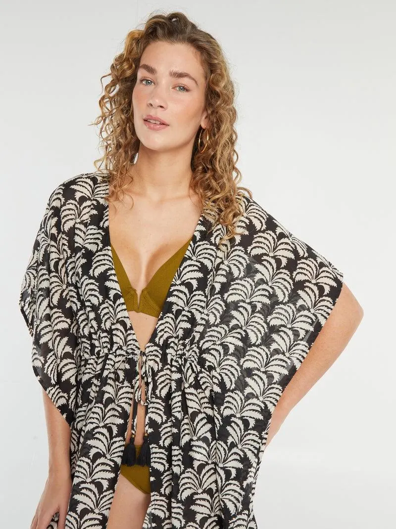 Copricostume lungo aperto stampato - NERO