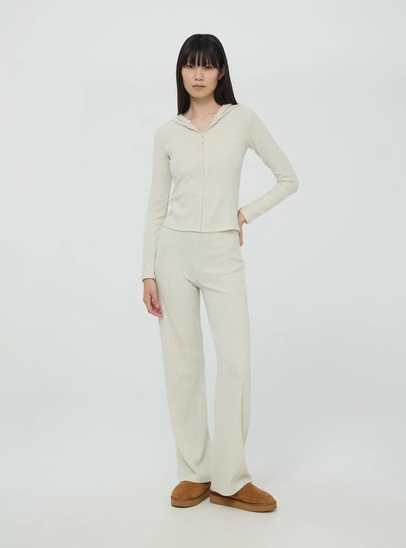 Pantaloni wide leg a coste Avorio melange