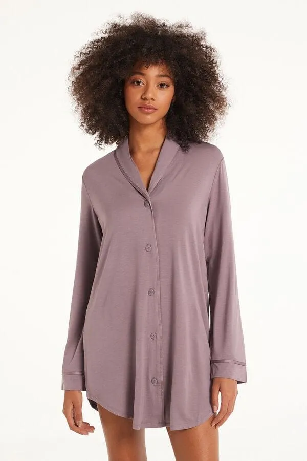 Camicia da Notte Manica Lunga con Bottoni Profili Raso