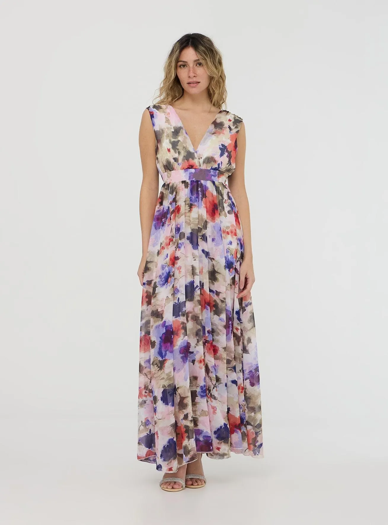 Vestito lungo floreale scollo a v Var bianco ottico