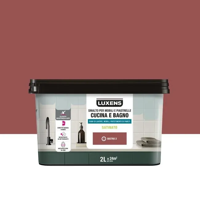 Smalto da interno per mobile e piastrelle super lavabile, antimacchia, LUXENS Cucina e Bagno rosso bistro 2 satinato, 2 L