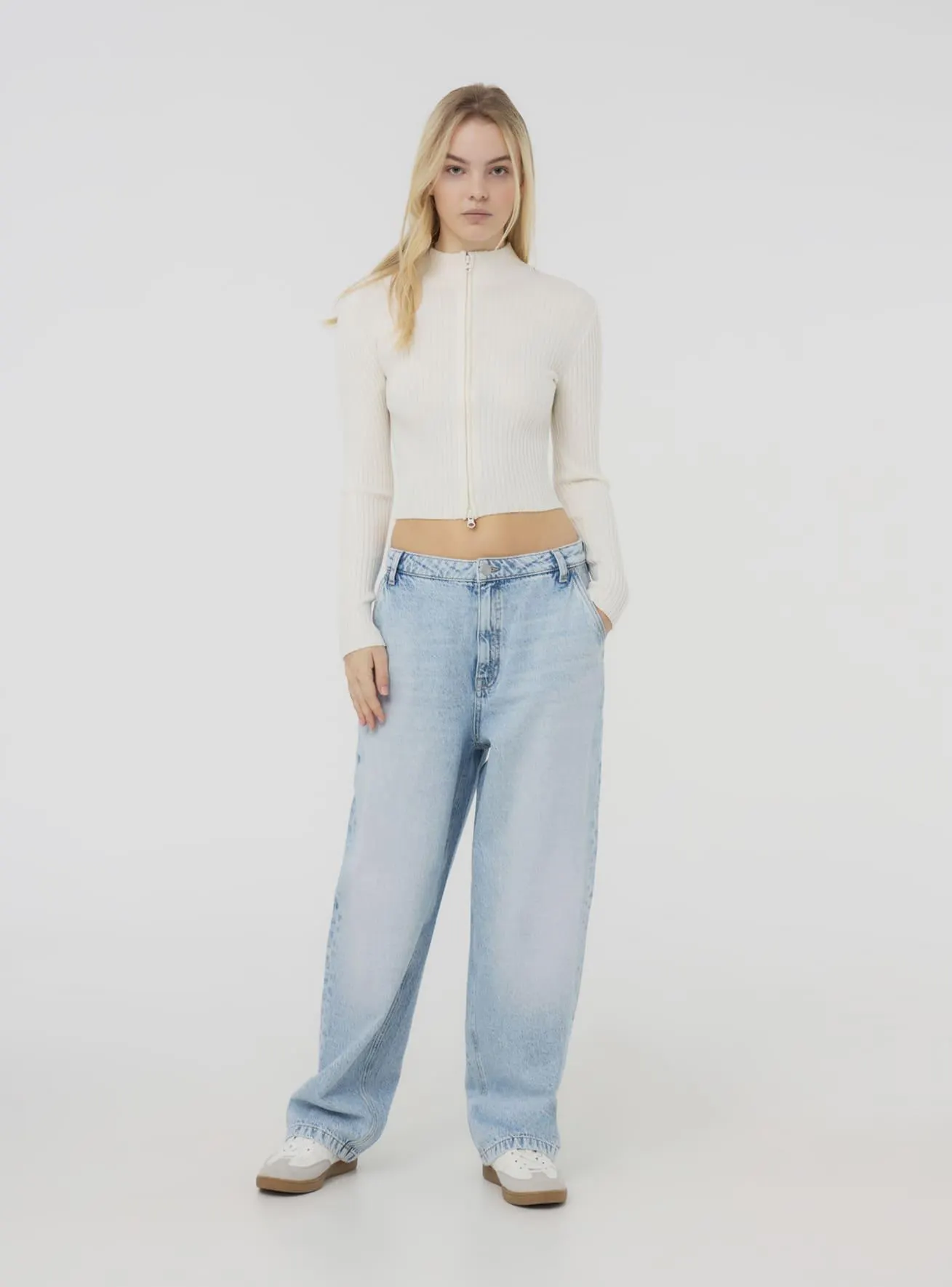 Cardigan a costine con zip Bianco lana