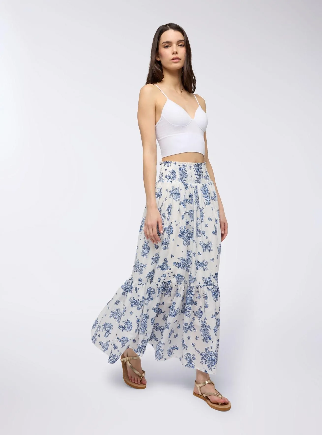 Gonna lunga floreale con punto smock Var bianco lana