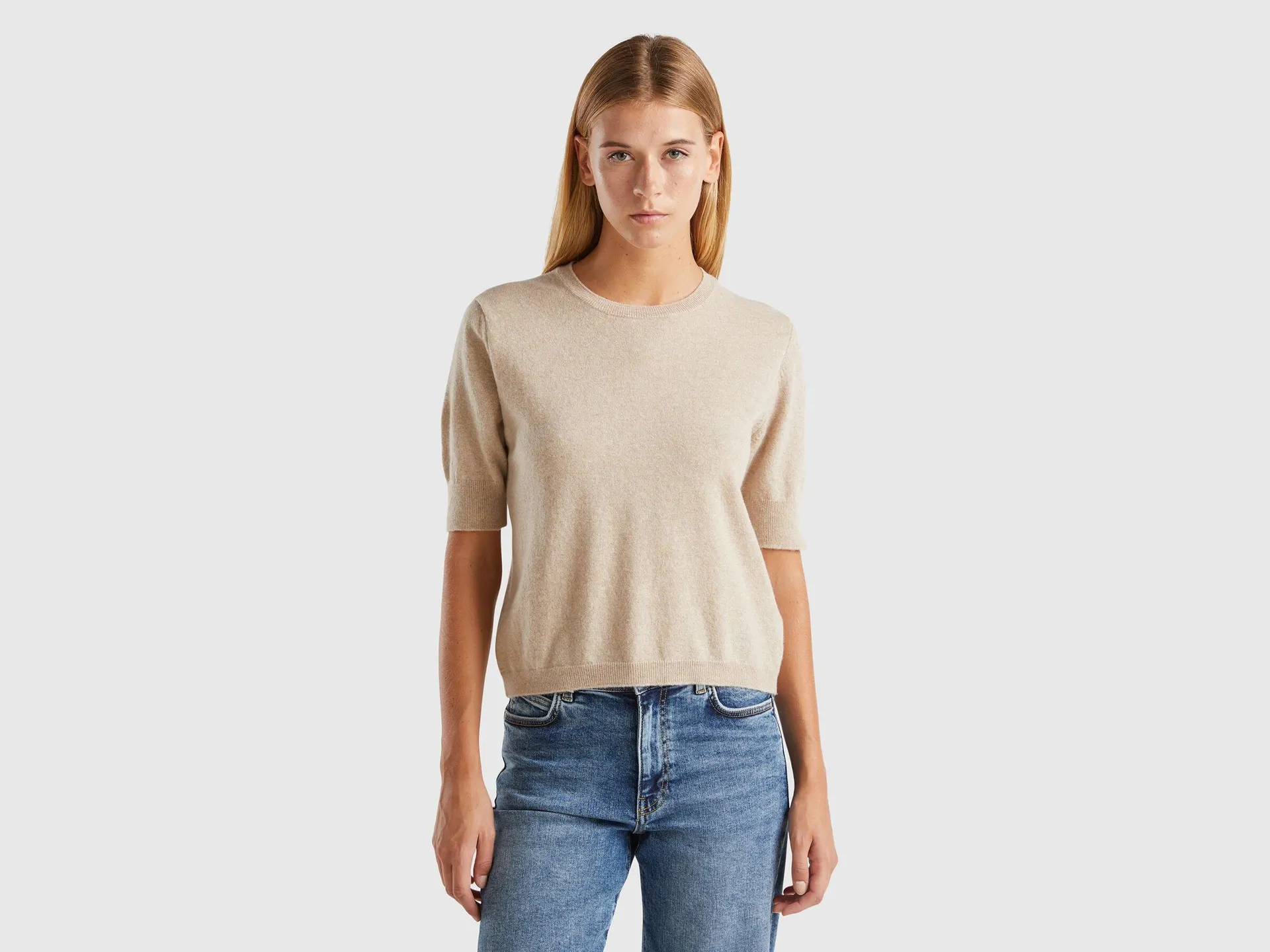 Maglia manica corta beige in pura lana Merino