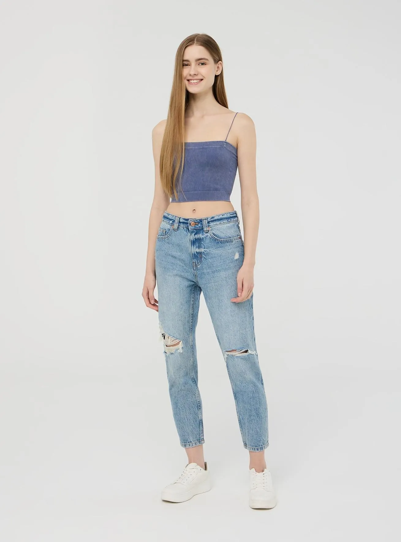Jeans mom con strappi acid wash Blu denim medio