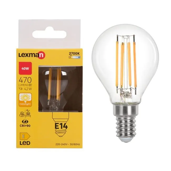 Lampadina LED, E14 sferico, trasparente, luce calda, 4.2W= 470 LM (equiv 40 W), 330°, LEXMAN