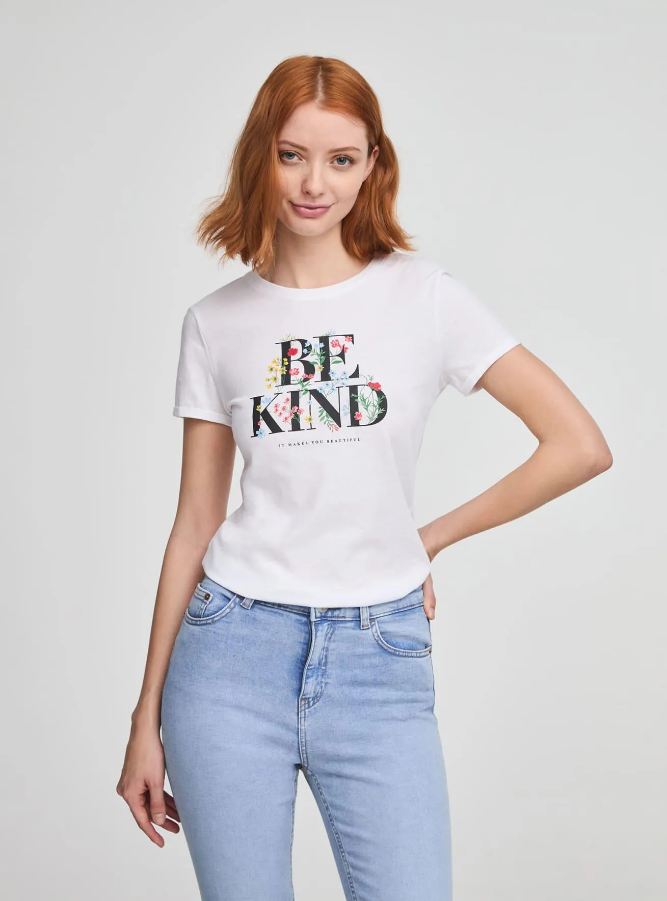 T-shirt slim scritta e fiori Bianco ottico