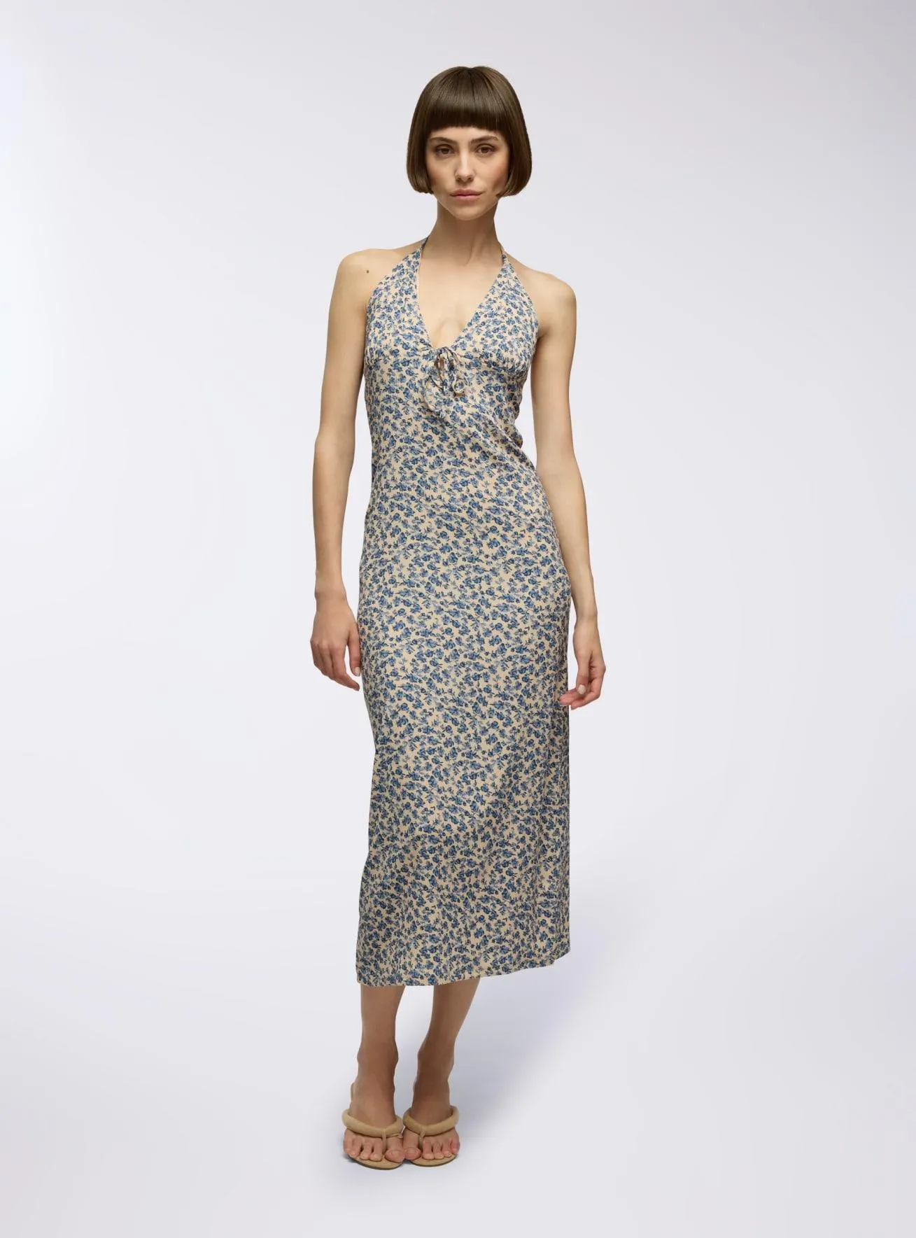 Vestito lungo a fiori con scollo all'americana Var blu