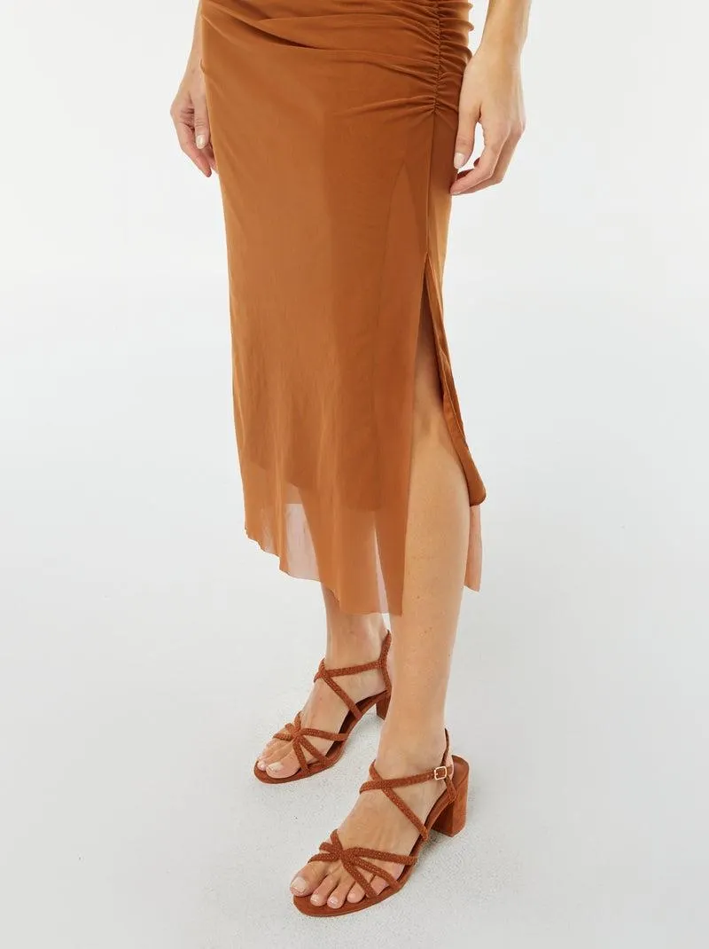 Vestito asimmetrico drappeggiato in mesh - Marrone