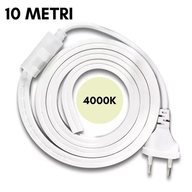 Striscia LED SMD 2835 120D Impermeabile IP65 220V per Profili da 10mm Flessibile Resistente potente per Interni ed Esterni BIANCO NATURALE 4000K 10MT