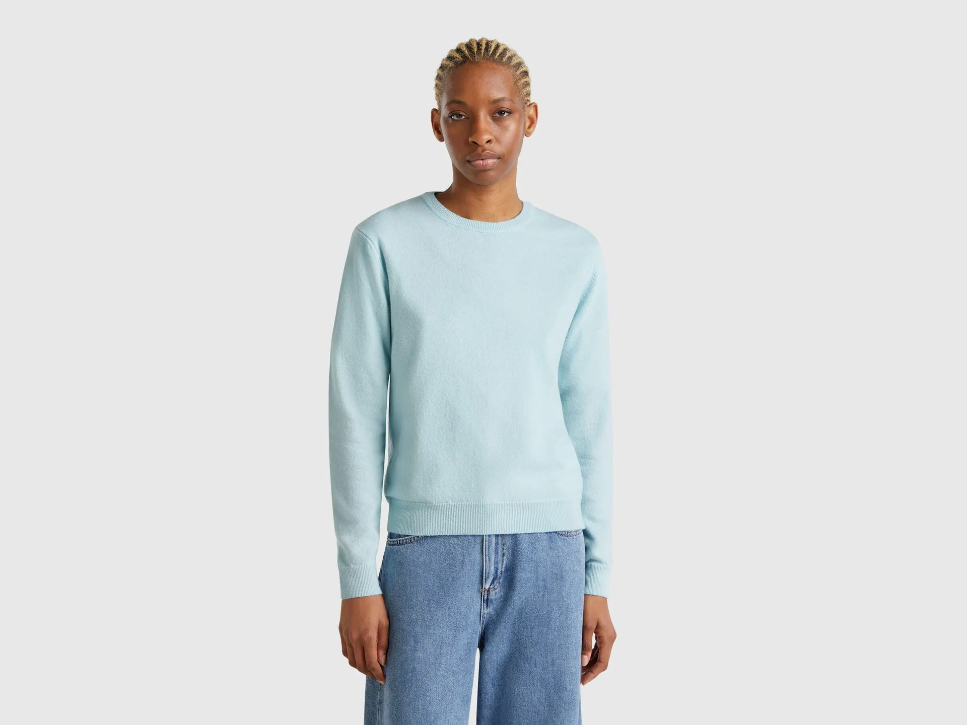 Maglia girocollo turchese in lana Merino