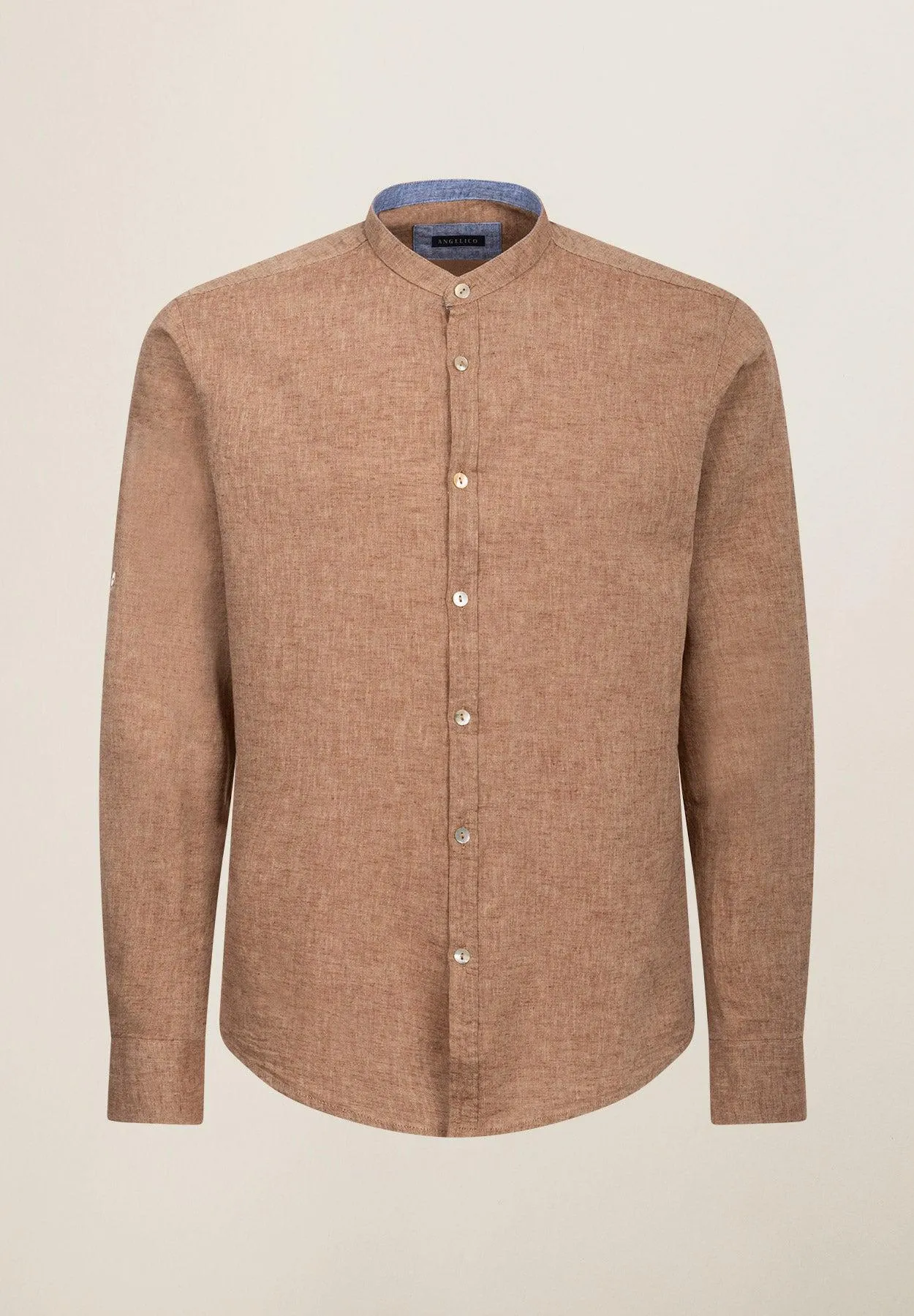 Camicia marrone collo coreano cotone-lino slim fit