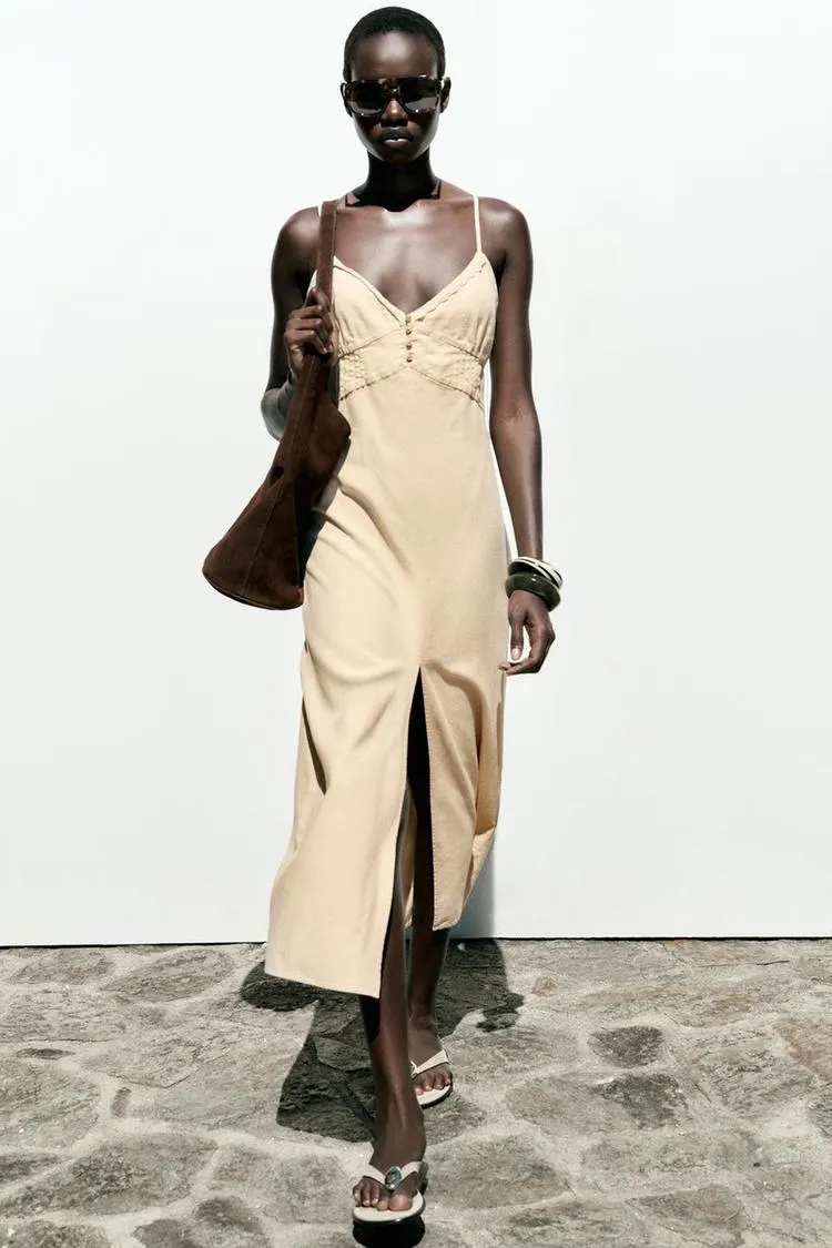 VESTITO MIDI A SPALLINE CON LINO