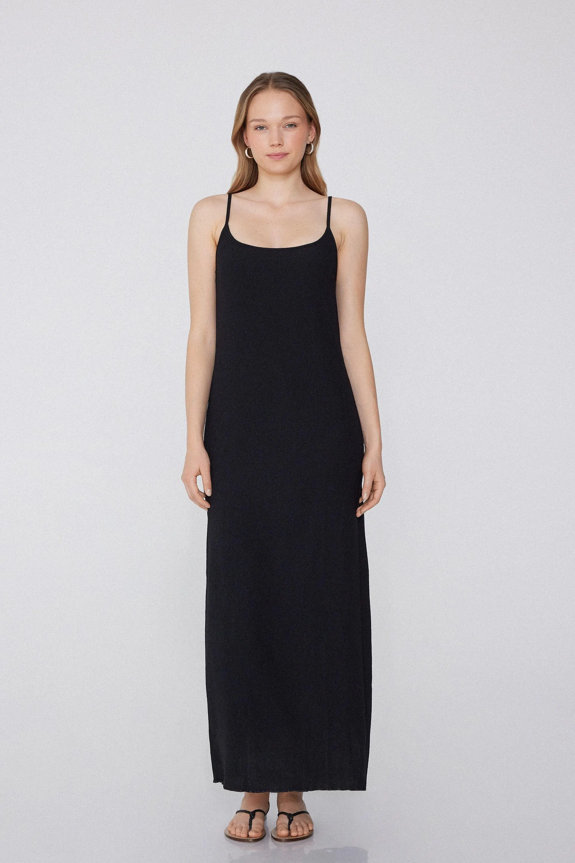 Vestito Midi Spalline Sottili Effetto Crepe