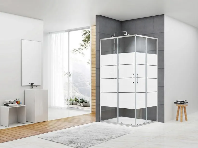 Box Doccia Angolare Arek 70x90 H190 Porte Scorrevoli Cristallo 6 mm Trasparente Serigrafato Cromo