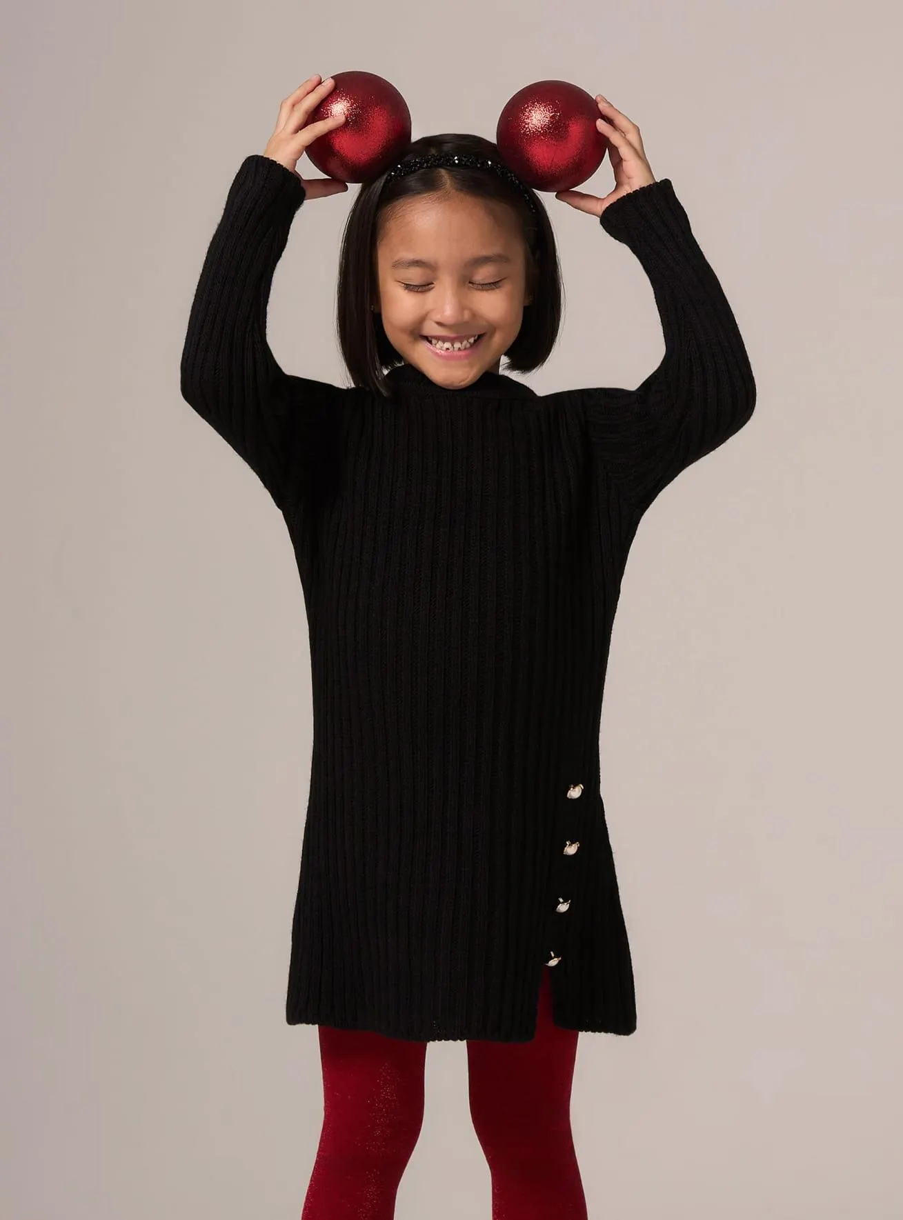 Vestito in maglia a costine con dettaglio bottoni Nero