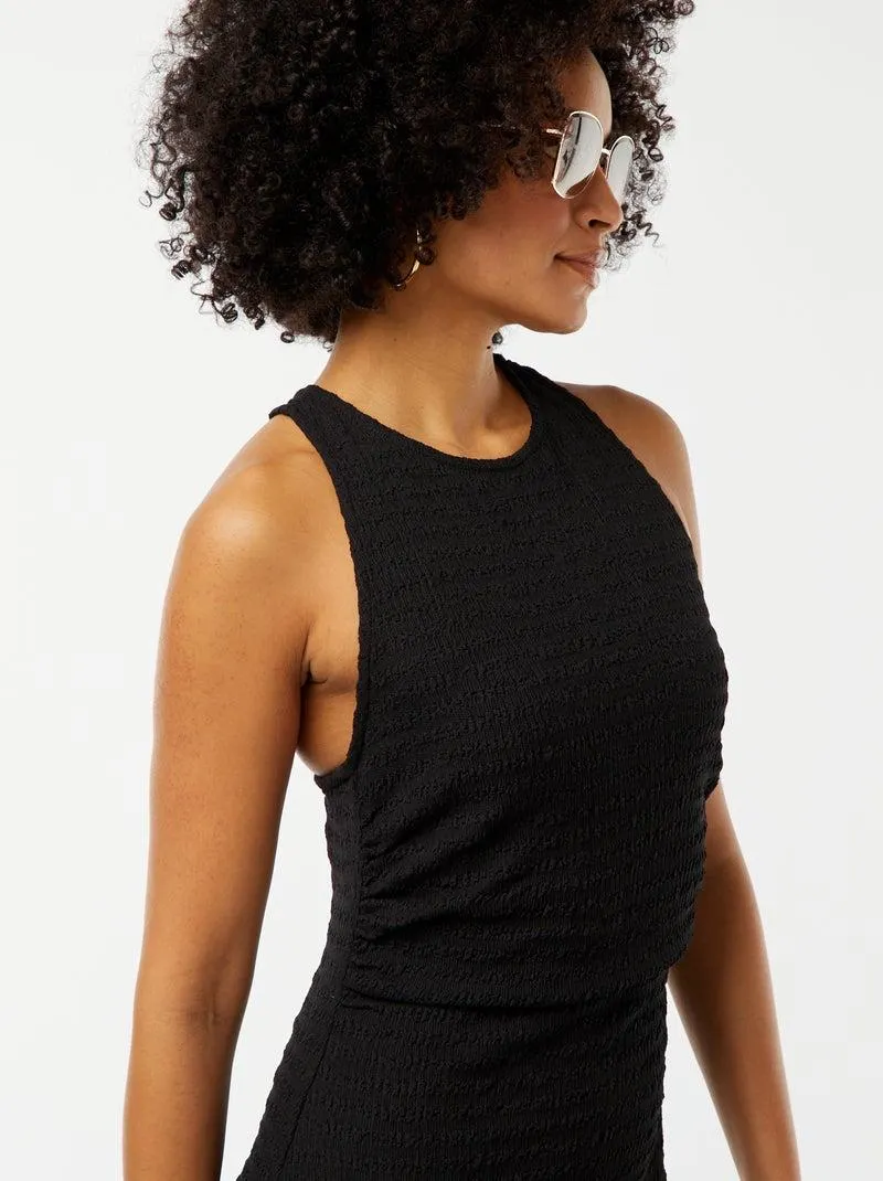 Vestito midi tessuto stretch e goffrato con giromanica americano - nero