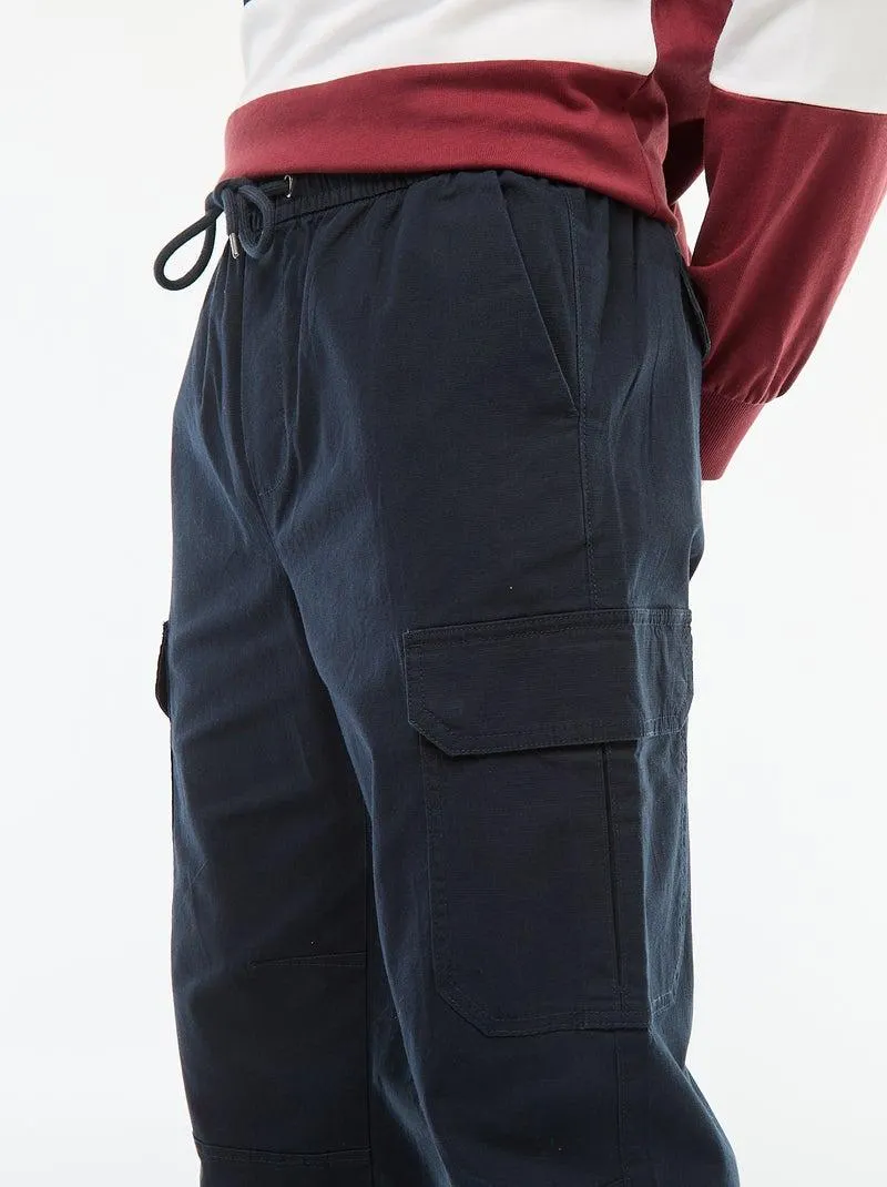 Pantaloni tinta unita multitasche con vita elasticizzata - blu