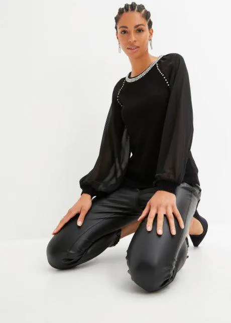 Maglione con strass e maniche in chiffon