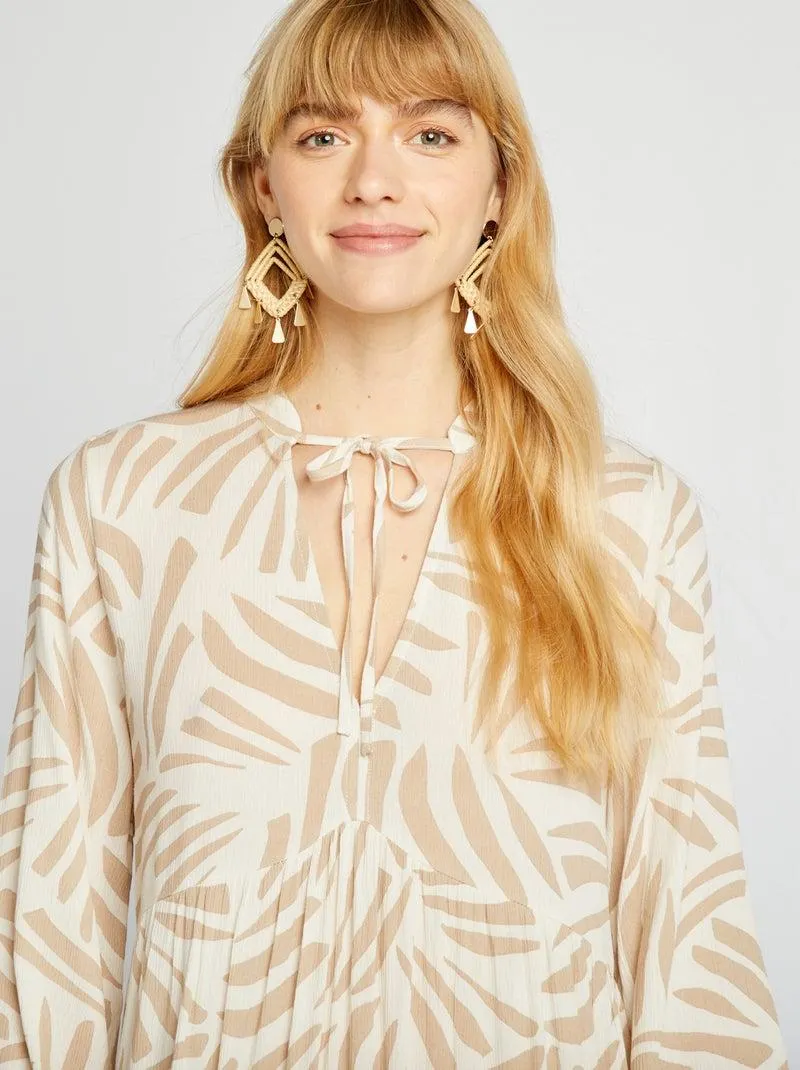 Vestito lungo con motivo e collo serafino - BEIGE