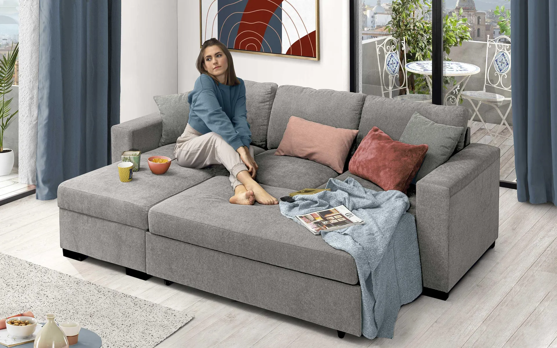 Divano letto angolare con penisola reversibile contenitore - meccanismo estraibile