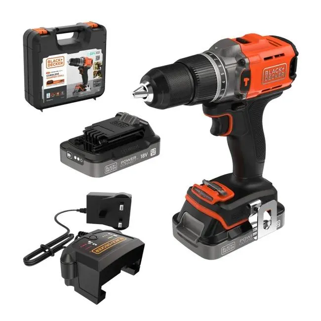 Trapano a percussione a batteria BLACK + DECKER BCD383D2XK-QW 18 V 2Ah, 2 batterie