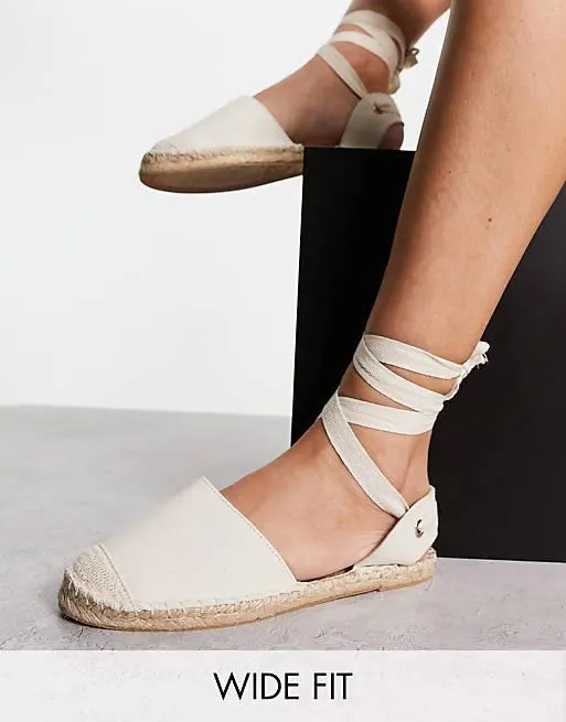 London Rebel - Espadrilles a pianta larga color crema allacciate sulla caviglia