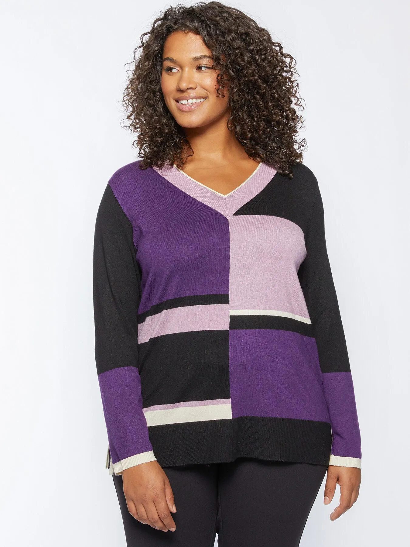 Maglia colour block con scollo a V