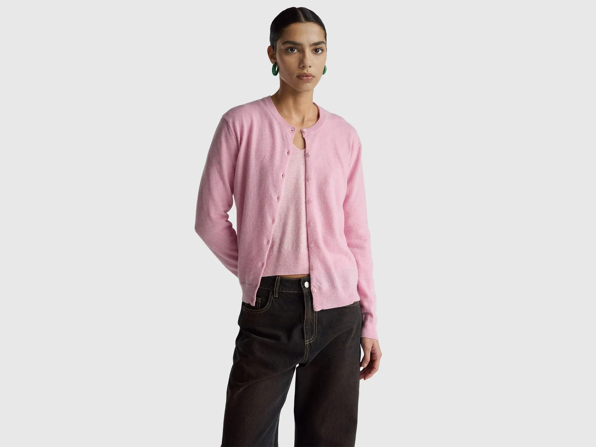 Cardigan girocollo rosa in pura lana Merino