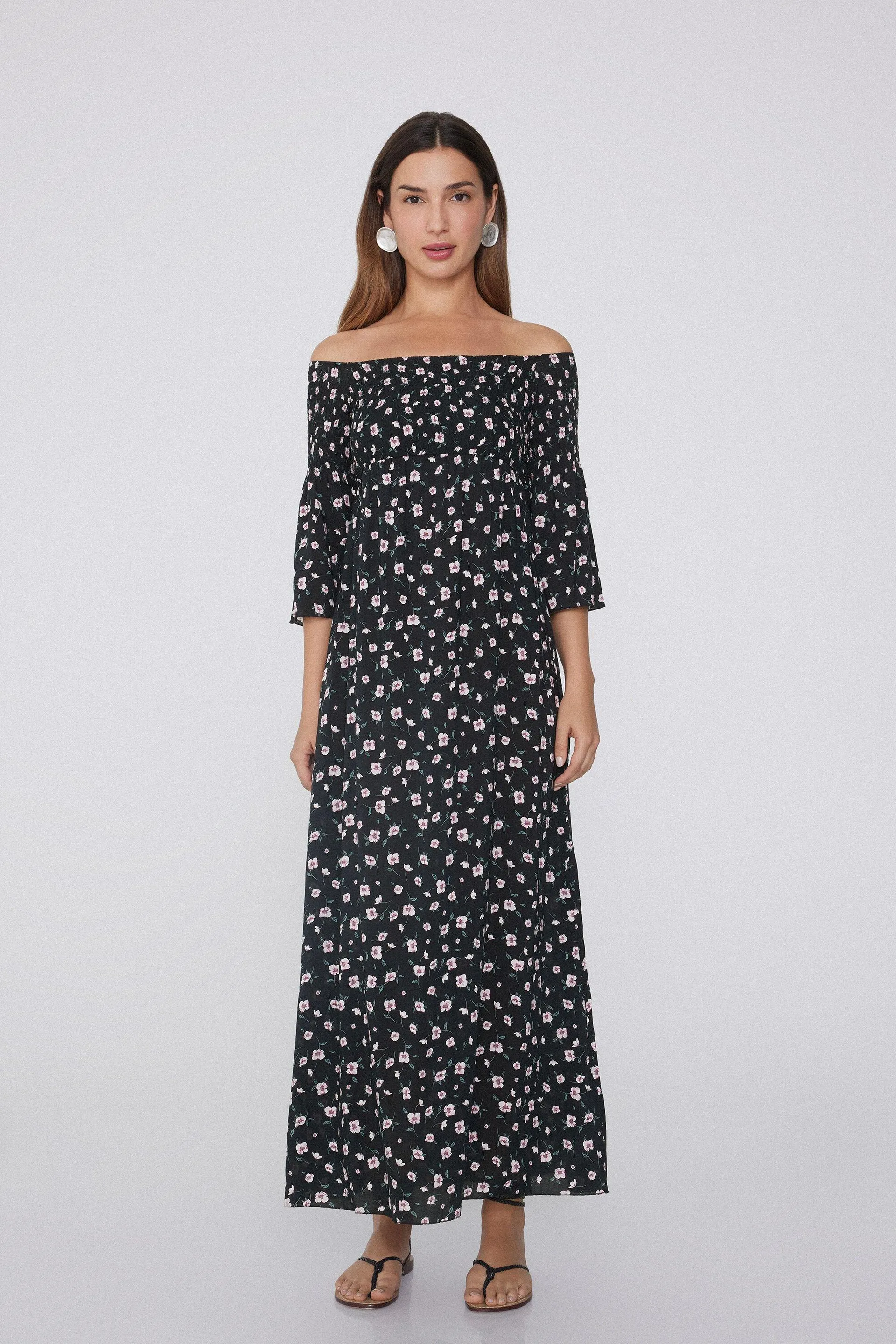 Vestito Lungo Punto Smock Spalle Scoperte