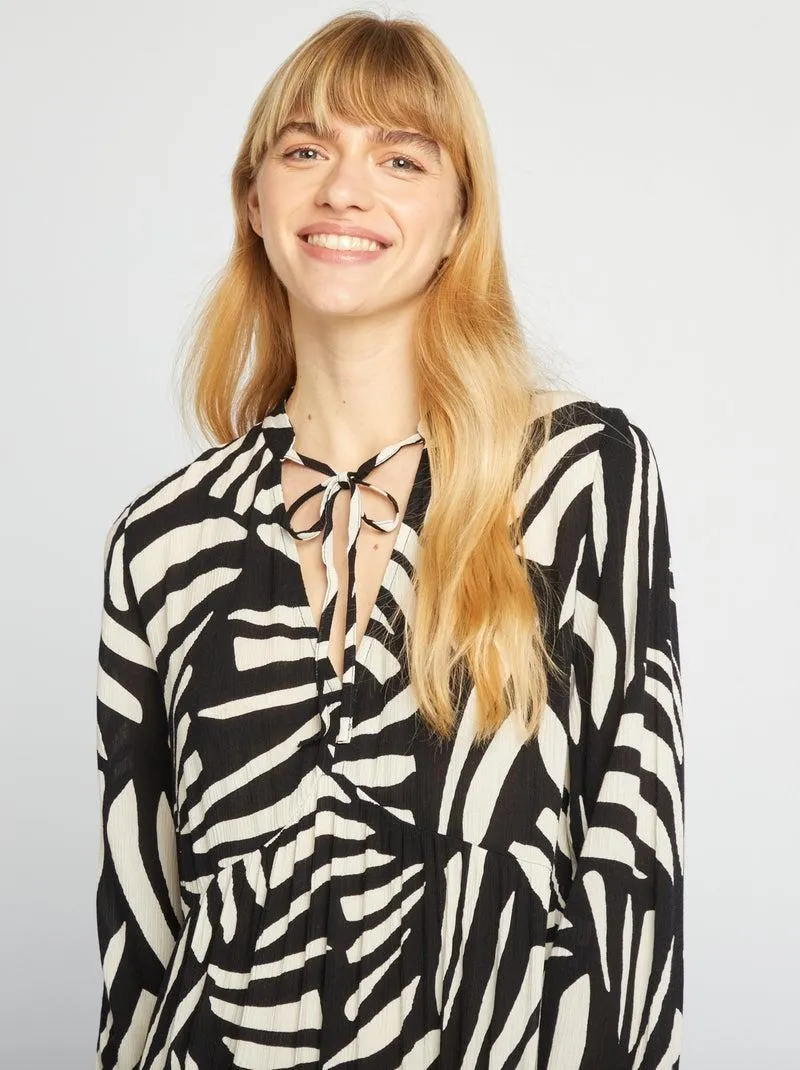 Vestito lungo con motivo e collo serafino - NERO