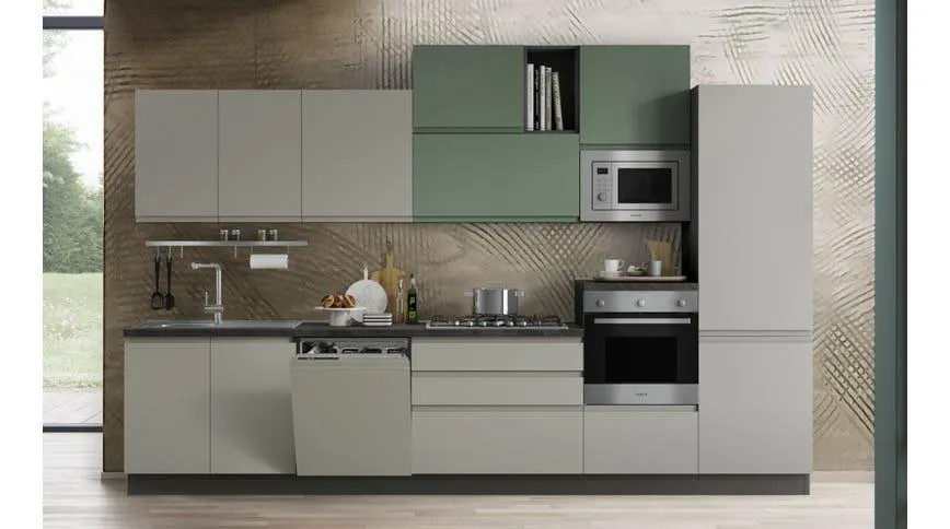 Clea cucina 360 cm colore grigio acciaio e verde salvia