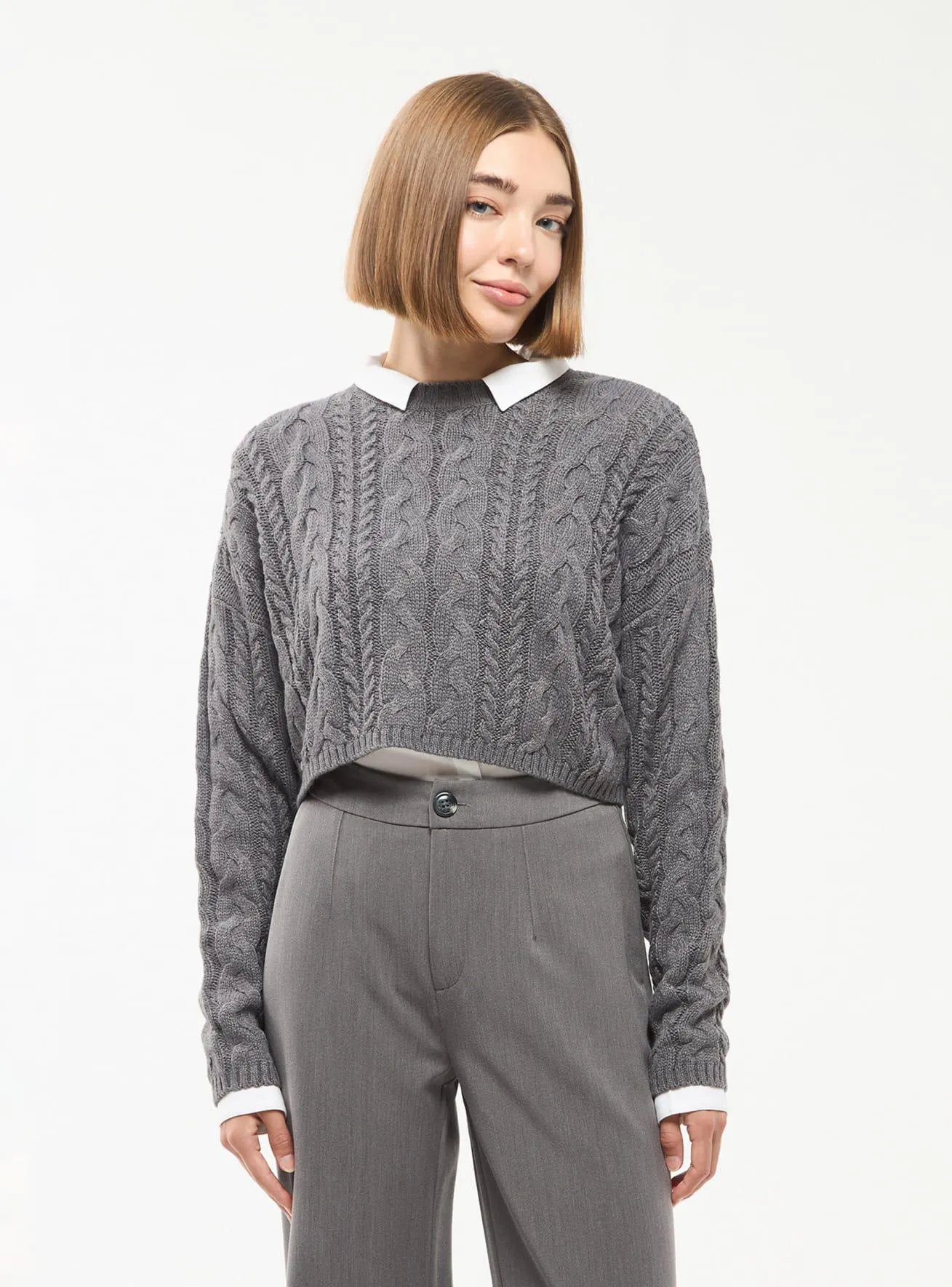 Maglia crop con treccia Grigio scuro melange