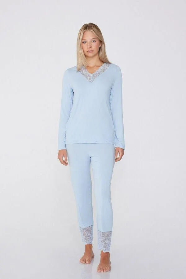 Pigiama Lungo in Viscosa e Pizzo