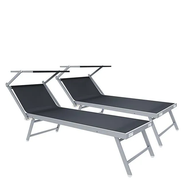 Coppia Di Lettini Prendisole Pieghevole Professionale in Alluminio Tessuto Textilene Tettuccio Parasole Sdraio Mare Spiaggia 182x60x38 cm Grigio Scuro