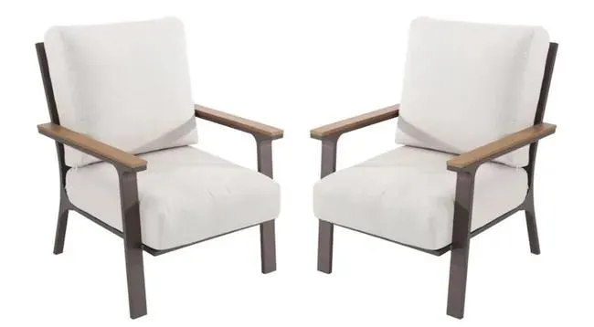 Poltrona da giardino con cuscino beige e braccioli New York, struttura in alluminio seduta in polywood marrone, L 90 x H 93 x P 90 cm, set da 2 pezzi