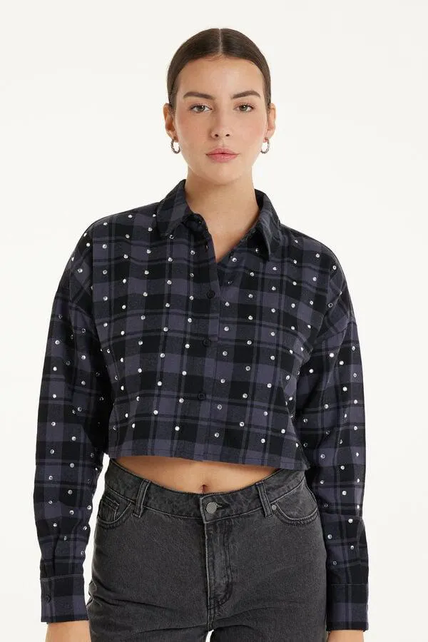 Camicia Corta Manica Lunga in Flanella con Strass