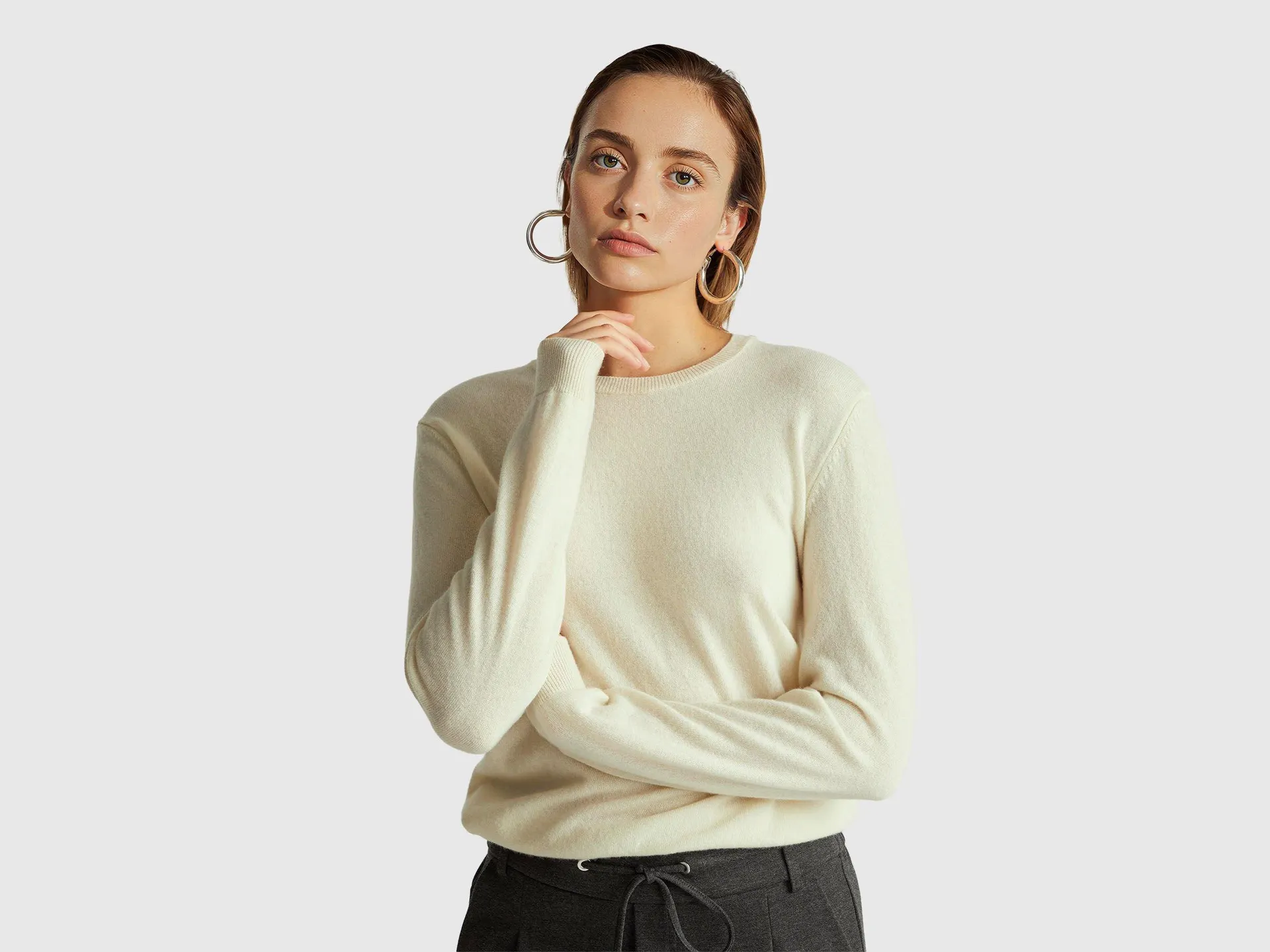 Maglia girocollo panna in pura lana Merino